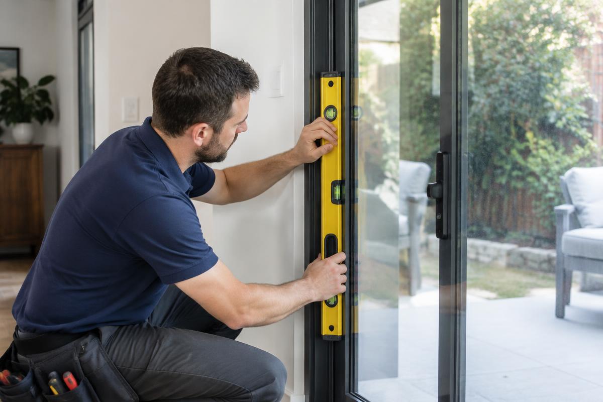 Technician checking sliding glass door alignment with a spirit level