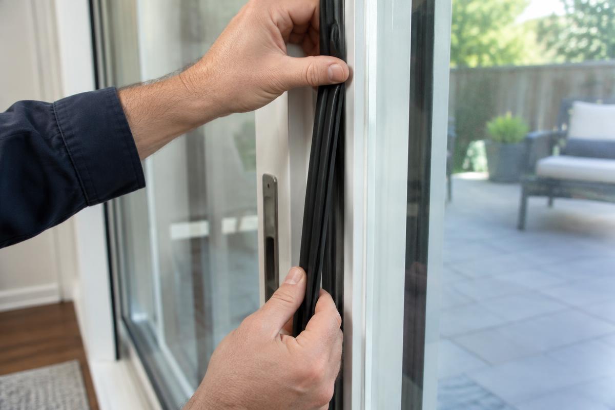 New weatherstripping seal being pressed into a sliding door frame